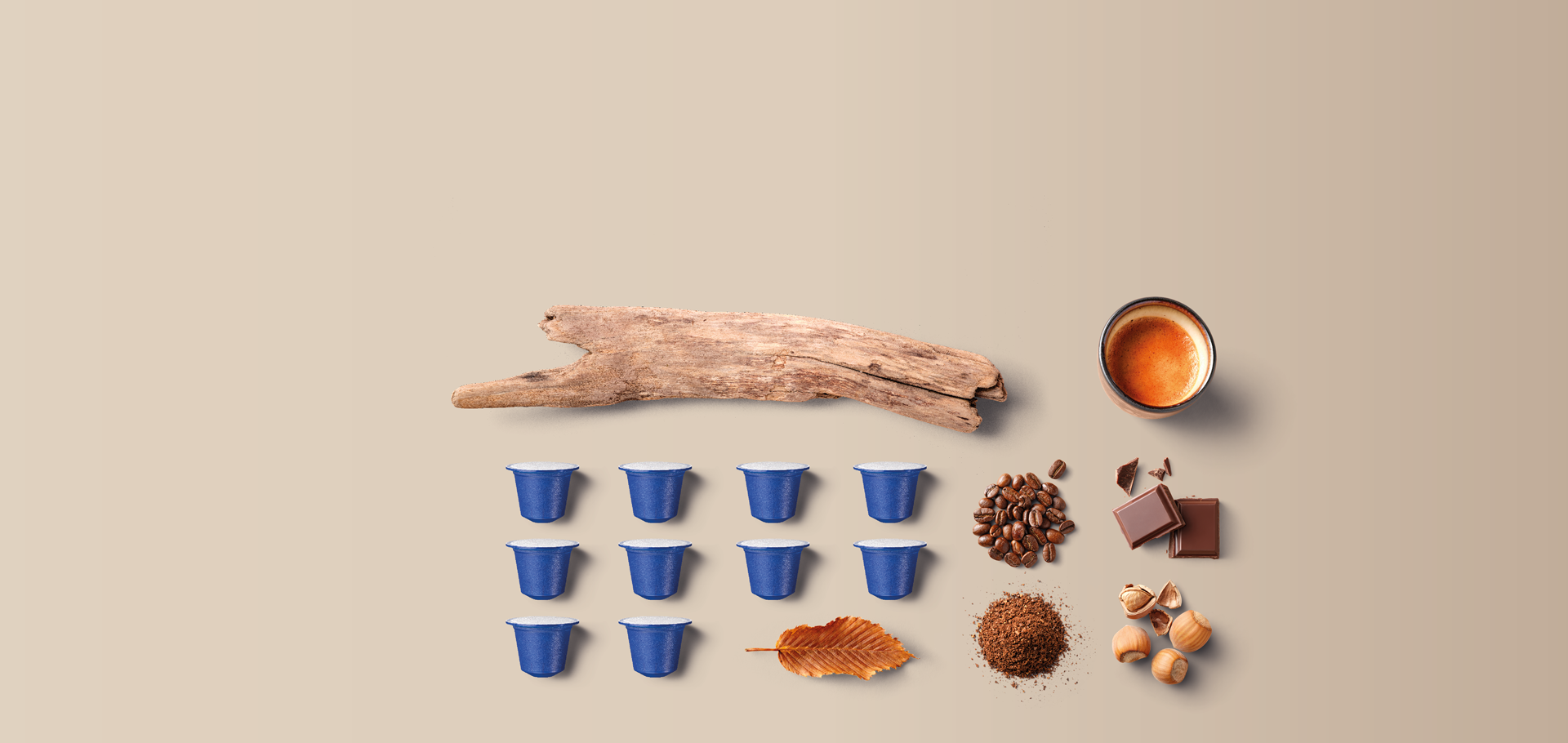 Bio-based and biodegradable capsules, free of fossil-based plastic. Designed to disappear under home composting conditions within 26 weeks, leaving only H₂O, CO₂ and humus behind. The coffee capsule is Nespresso® machine compatible