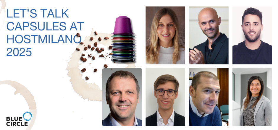 Expert team Blue Circle Capsules who are present at the Host2025 in Milan for Blue Circle Capsules. Showing 2 women and 5 men.