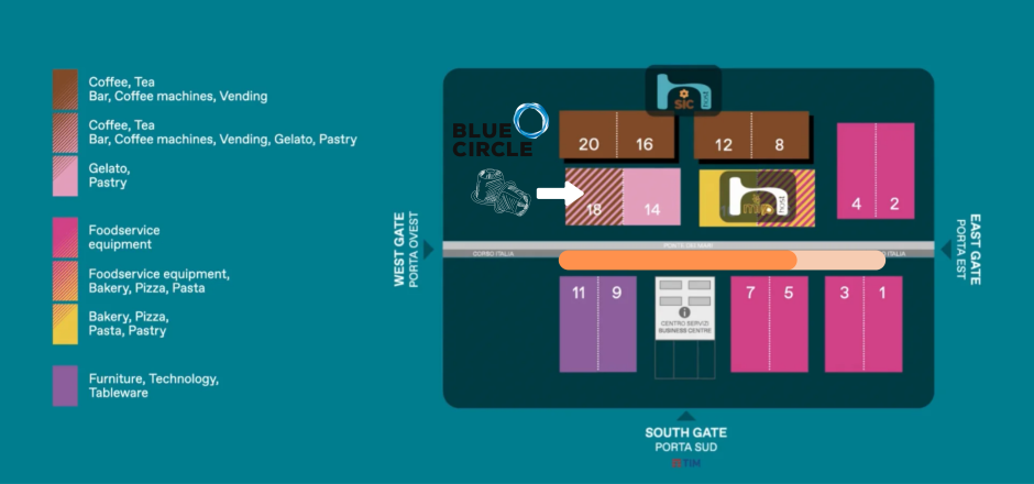 A visual map of the hall presenting the coffee and tea exhibitors of Host 2025 Milaan Blue Circle Packaging